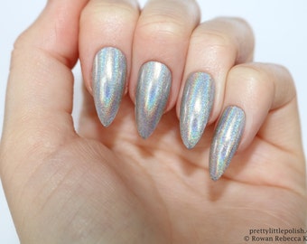 Holographic stiletto nails silver, Holographic nails, Fake nail, Stiletto nail, Kylie jenner, Black stiletto nail, Press on nail