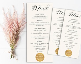 Modern Wedding Menu Printable, Gold Wedding Menu, Wedding Menu PDF, Template, Gold Gliter Sparkle, Metallic Wedding Menu, Digital, DIY