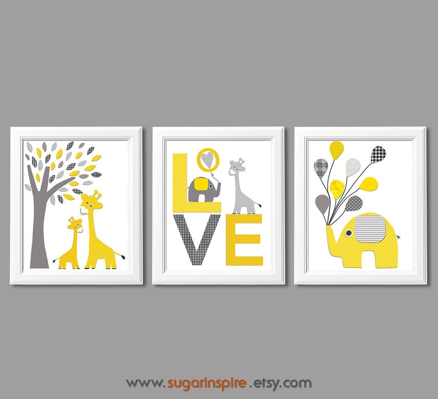 Yellow and grey elephant and giraffe Nursery Art Print Set
