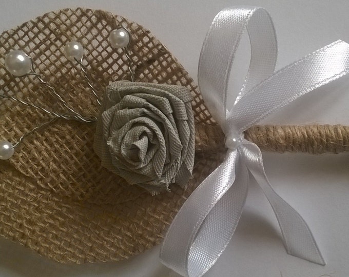 Burlap Groom's Boutonniere, Rustic Wedding, White Bow,Grey Flowers.