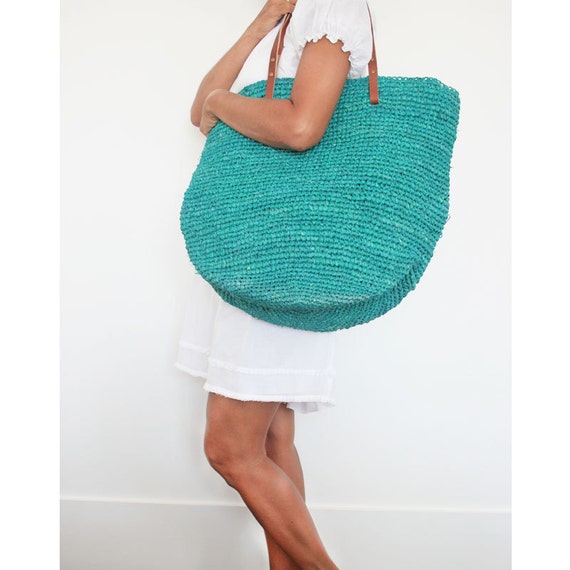 Turquoise Woven Straw Beach Bag Turquoise Straw Basket by MOOSSHOP