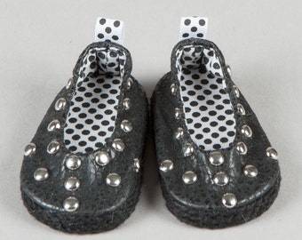 Handmade Ballet Flats - All Studded Out with Silver On Black Faux Leather - Fits Kidz N Cats