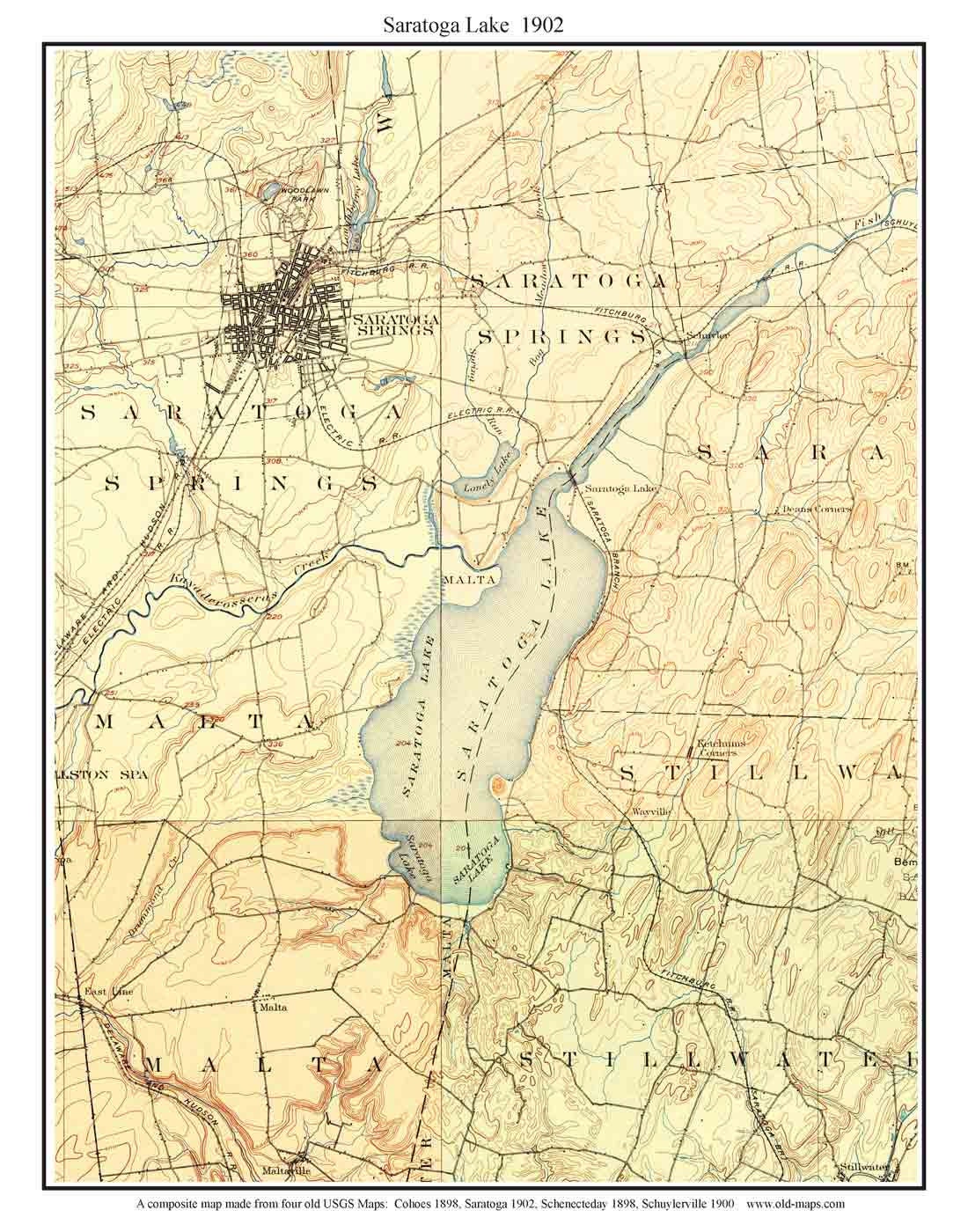 Saratoga Lake 1902 USGS Old Topographic Map Custom Composite