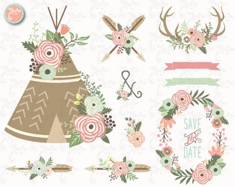 Floral Tribal clip art "FLORAL TEEPEE"Clipart, Floral, Teepee, Antlers, Wedding, Tribal, Wreath. 25 Png files.300 dpi.Instant Download Wd146
