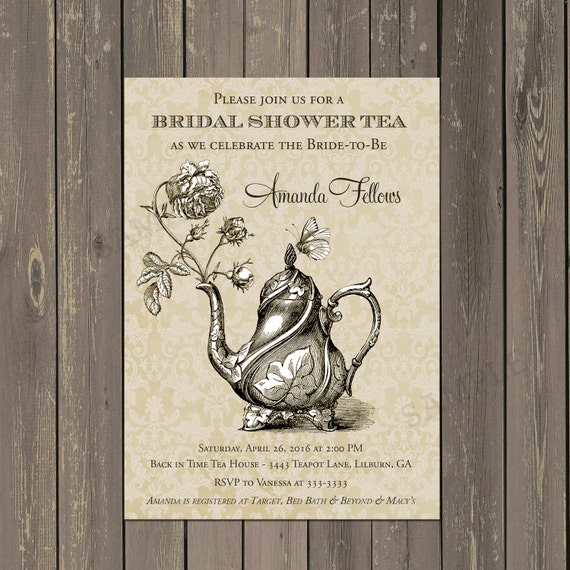 Bridal Shower Tea Party Invitation, Teapot Shower Invitation, Vintage Look Wedding Tea Invitation, Printable or Printed Il_570xn