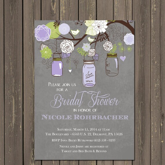 Mason Jar Bridal Shower Invitations, Lavender Mason Jar Invitations, Rustic, Vintage, Wedding Shower Invitations, Purple, Grey Il_570xn