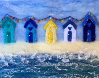 Beach Huts,Nautical,Sea,Seaside,Wool,Felt,Picture,Beach Hut Picture, Art,Embroidery,Seaside Picture,Hearts