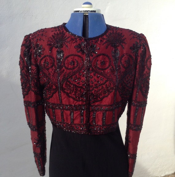 Vintage Crimson Silk Beaded Evening Jacket by Laurence Kazar