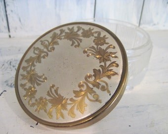 Vintage glass small antique pill boxes case holder organizer for purse hand cream box, floral pattern metal copper lid with glass small box