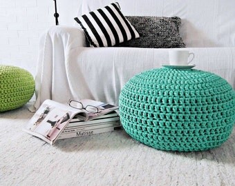 Aquamarine Pouf Ottoman-Aqua Foot Stool Pouf-Crochet Floor Pillow-Tiffany Nursery Decor-Knit Ottoman Pouf-Kids Furniture-Crochet Bean Bag