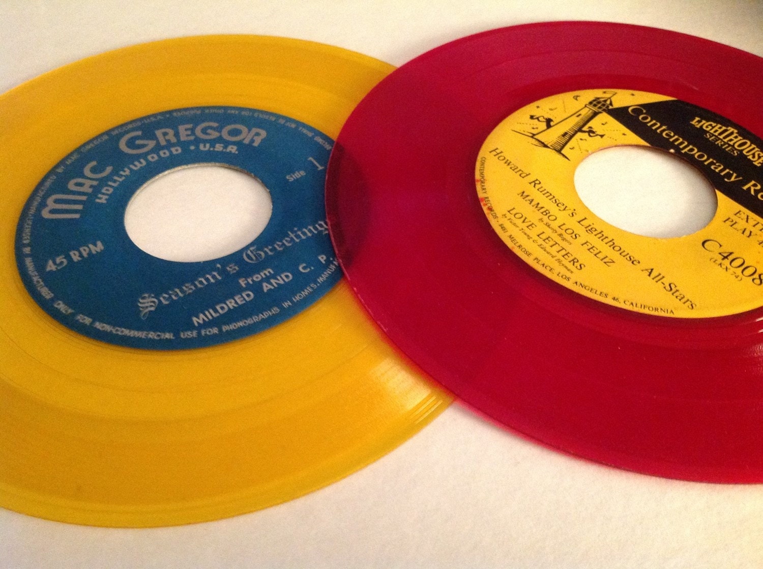 Set of 2 Vintage Colored vinyl 45 records collectible craft