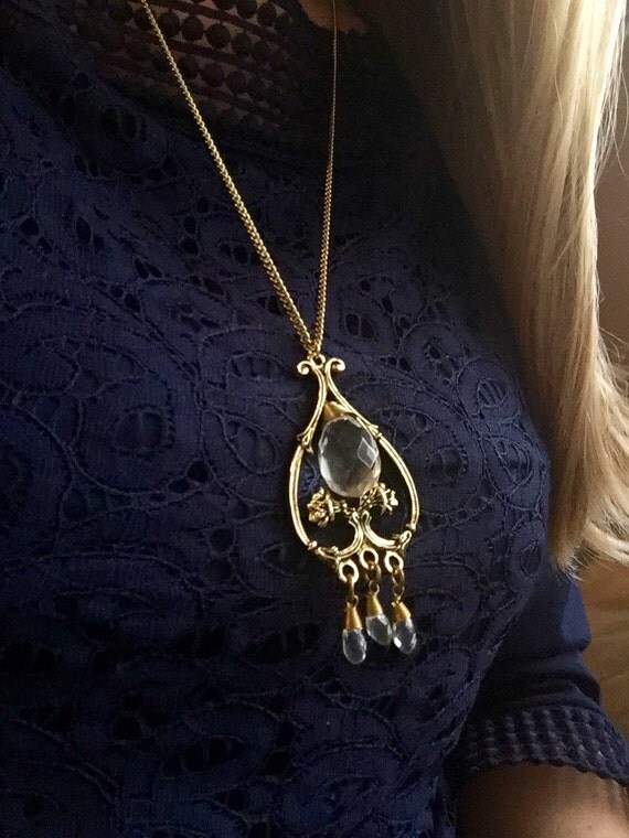 Crystal Drop Necklace Gold Ornate Necklace Chandelier