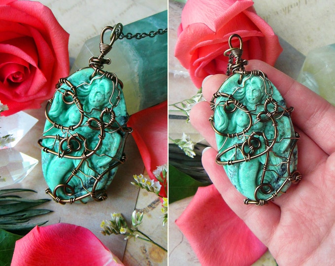 Large statement boho necklace "Mermaid Goddess" with carved Turquoise pendant. Custom length chain.