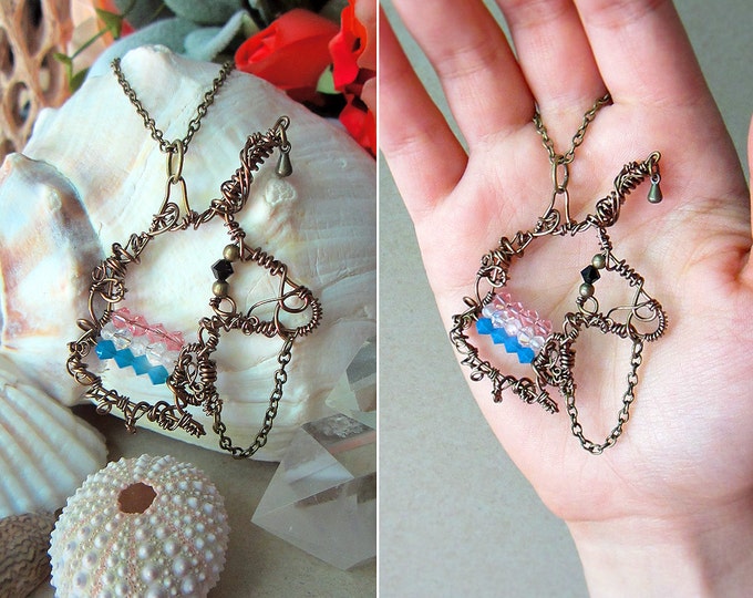 Magical lacy Unicorn necklace with Rose Quartz and Swarovski crystals. Custom chain length.