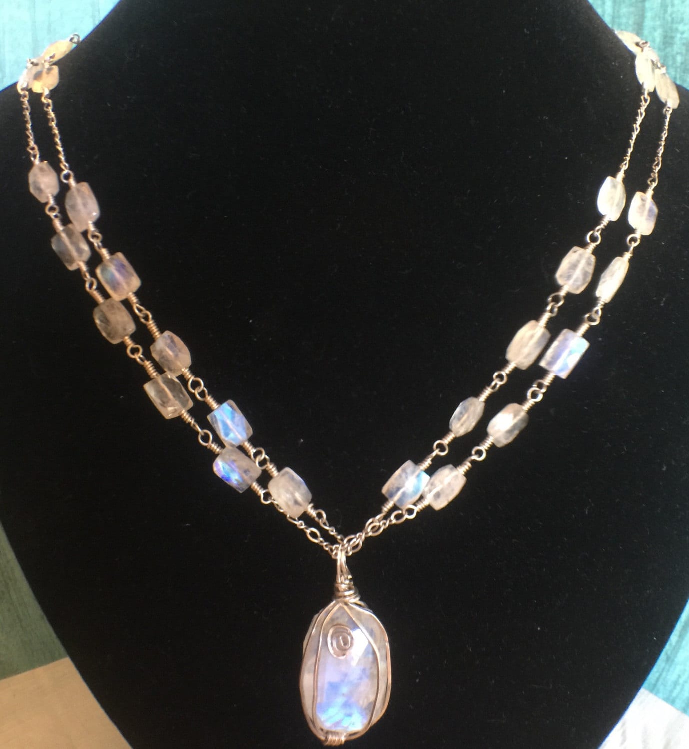 Gemstone Necklace. Rainbow Moonstone Pendant. Blue