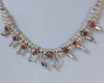 Native American Navajo Sterling Red Coral Baby Squash Blossom Necklace 16.5" Signed Larry Curley