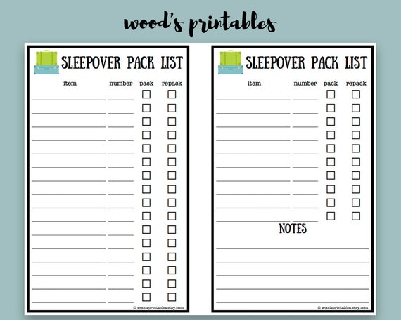 childrens sleepover packing list pdf printable by woodsprintables