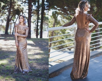 Rose Gold sequin open back prom dress/ long sleeve prom dress/ sequin wedding dress/ backless rose gold prom dress/ gold wedding dress/ prom