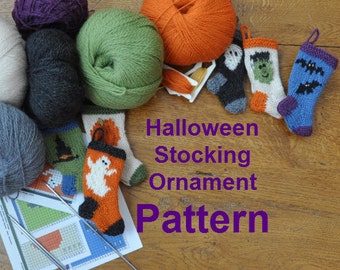 Halloween Christmas Stocking Ornament Pattern Set of 6 Designs to Knit Ghost Bats Pumpkin Witch Hat Frank Mummy
