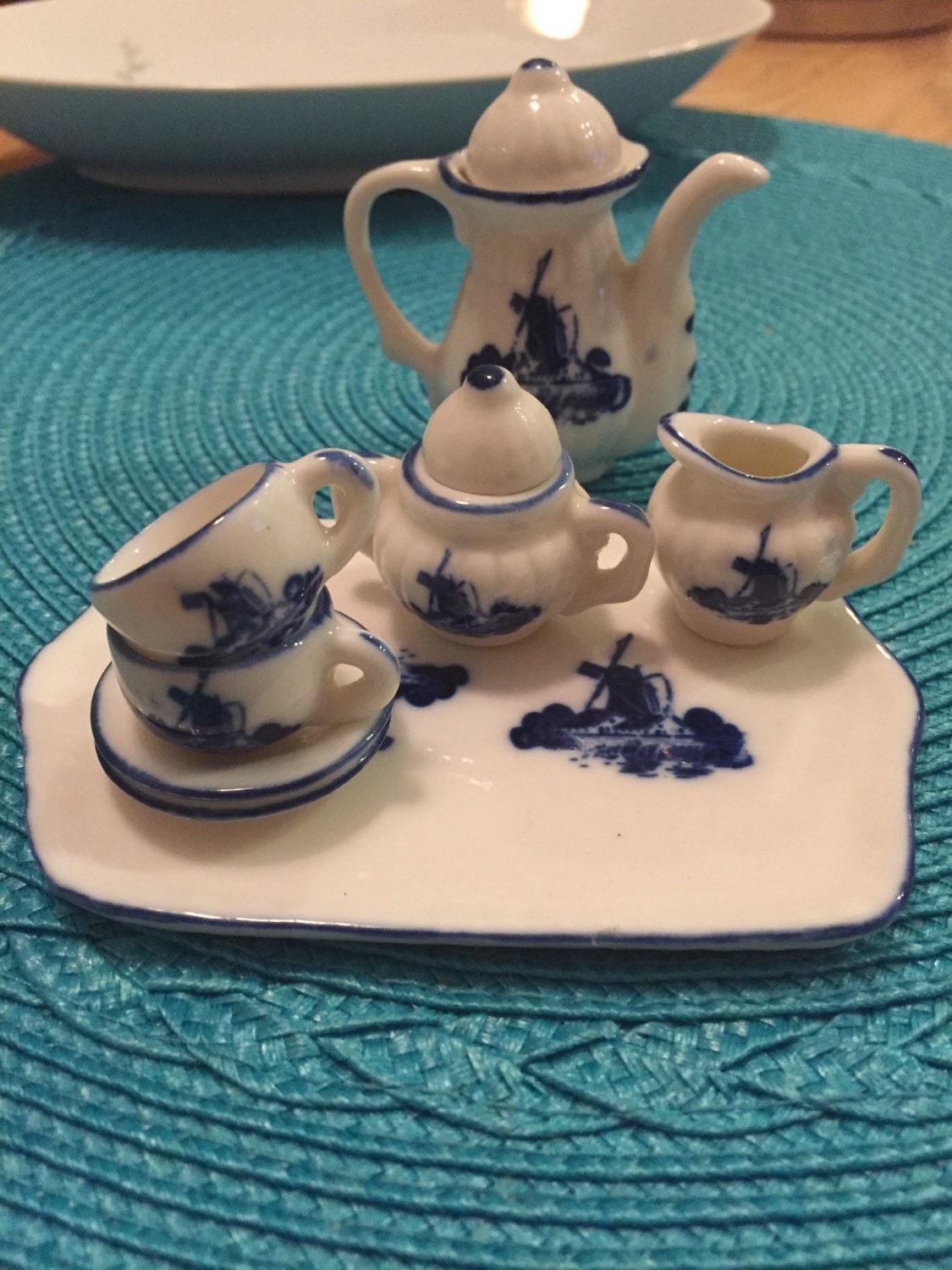 Vintage Blue and White Delft Miniature Tea Set Vintage Cottage