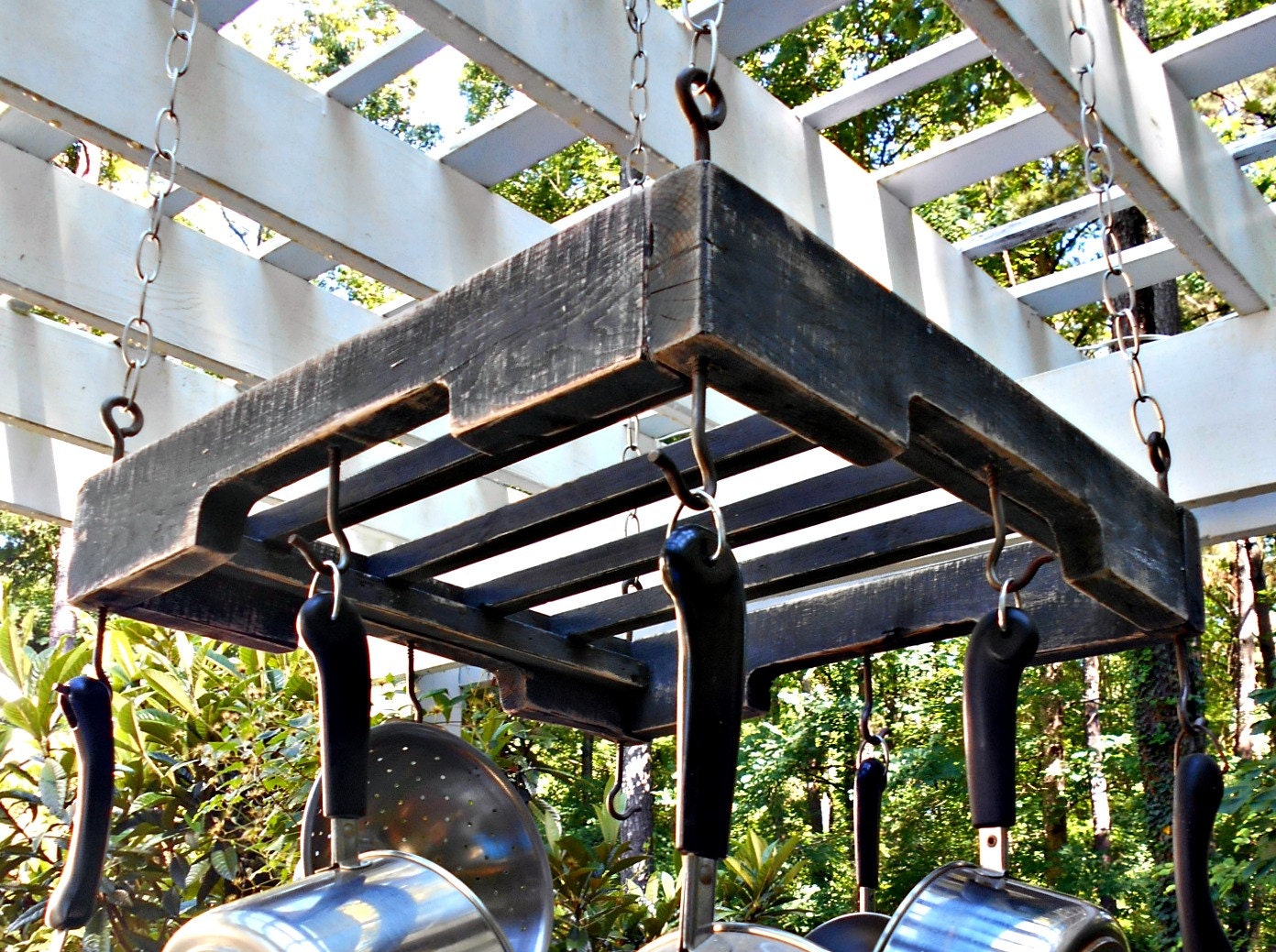 Hanging Pallet Rail Pot Rack Industrial Pot by RobsRusticCreations