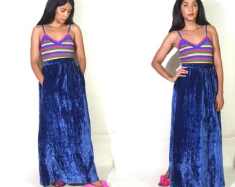 Vintage 60s 70s Crushed Blue Velvet High Waist Maxi Skirt Hippie