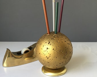Retro Gold Cork Ball Pencil Holder Desk Organizer, Vintage Office Decor