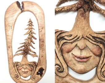 Wood Sculpture, Original Art by Josh Carte, Hand Carved Wood Carving, Mother Nature, Handmade Woodworking, A Great Gift Idea, Wall Art, Home