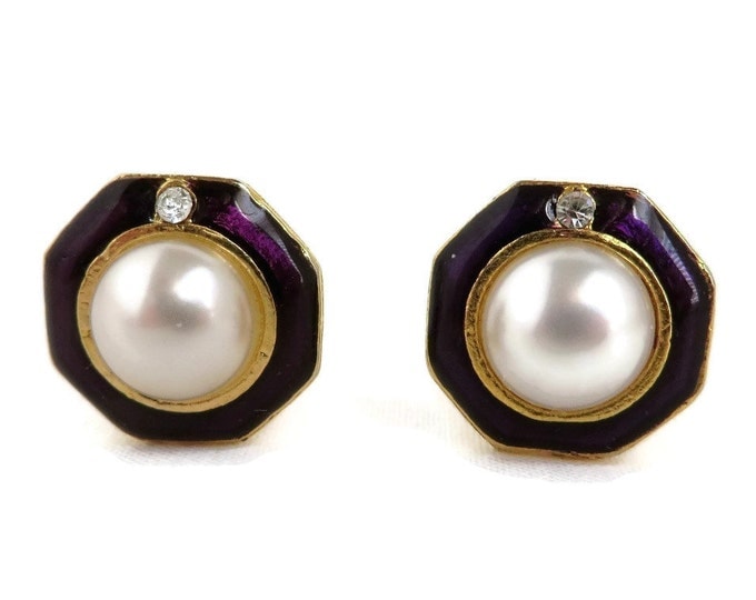 Octagon Pearl Earrings, Vintage Purple Enamel Earrings, Faux Pearl & Rhinestone Clip-on Earrings