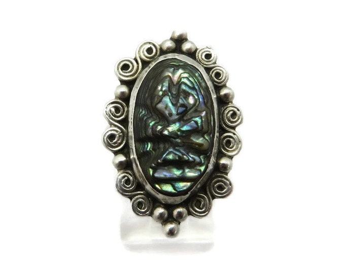 Mexican Abalone Sterling Silver Ring, Carved Abalone Ring, Size 7
