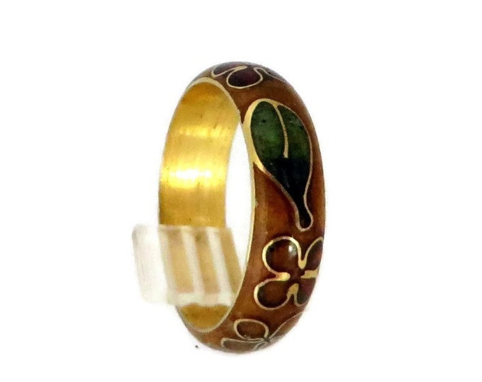 Vintage Cloisonne Band Ring, Red Brown Green Enamel Ring, Size 5.5