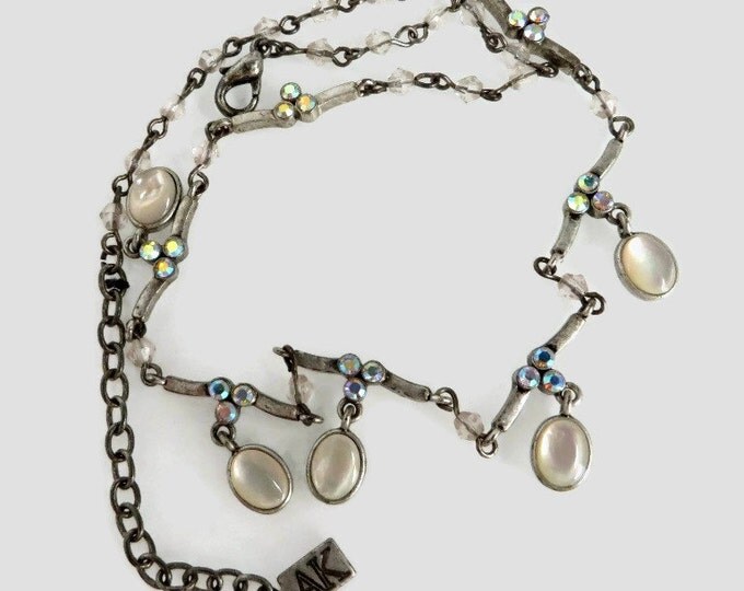Anne Klein Necklace, Vintage Faux Opal, Rhinestone Necklace, 16" Length, Gift for Her