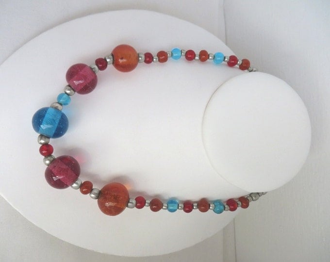 Pink & Blue Glass Bead Necklace, Vintage Chunky Pink Blue Orange Silvertone Bead Necklace