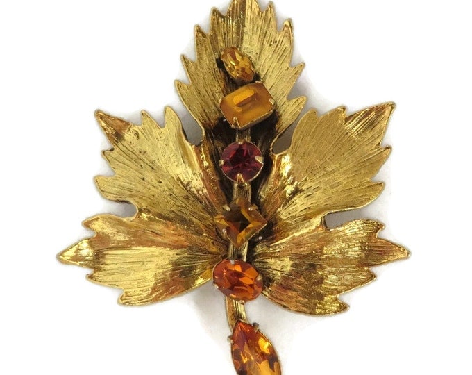 Vintage Graziano Brooch Gold Tone Amber Rhinestone Brooch, Vintage Designer Signed Estate Costume Jewelry Gift for Her