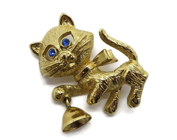 Vintage AVON Cat Brooch, Gold Tone Kitten, Bell Pin, 1980s Jewelry, Gift for Her, Gift Boxed
