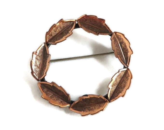 Copper Circle Brooch, Vintage Copper Leaf Pin, Copper Wreath Brooch, Genuine Copper Jewelry, Bell Copper
