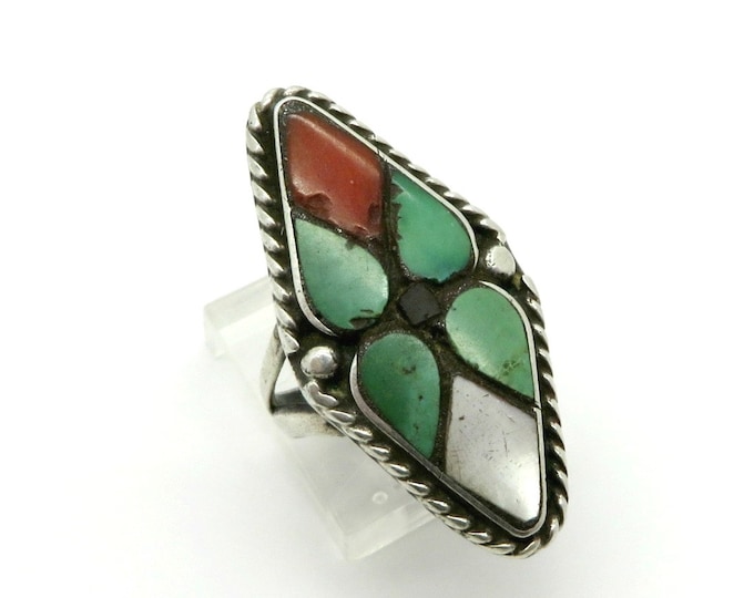 Zuni Turquoise Ring | Vintage Sterling Silver | Turquoise Coral MOP | Native American Diamond Shape Ring | Size 6