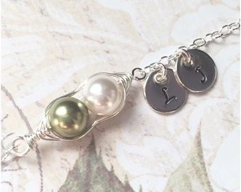 Custom 2 Peas-in-a-Pod Necklace - Personalized Sterling Silver Pea Pod Initial Necklace - Wire Wrapped Two Pea Pod Necklace - Peas in a Pod