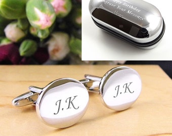 Silver Oval Personalised Engraved Initial Cufflinks - Wedding and Birthday Gift - Personalised Engraved Gift Box Available
