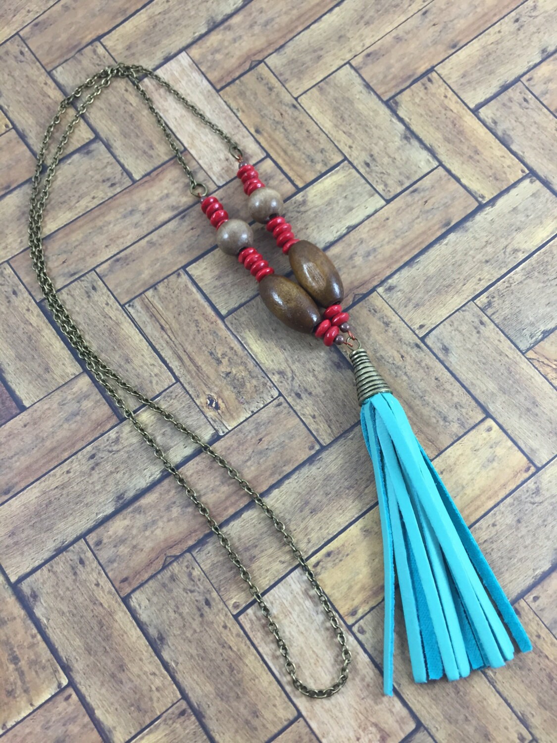 Handmade Teal Leather Tassel Bronze Accent and Chain Red and