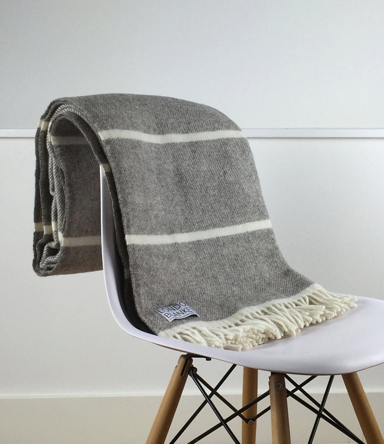 Grey and Natural Beige Throw Blanket 100 Percent Wool Grey