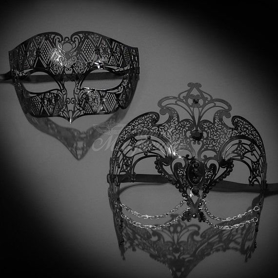 His & Hers Couples Masquerade Mask Set Black Metal Masquerade