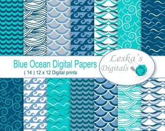 Waves digital paper: "OCEAN Scrapbook Paper" Sea water papers, summer digital paper backgrounds, Blue seawater scrapbooking paper