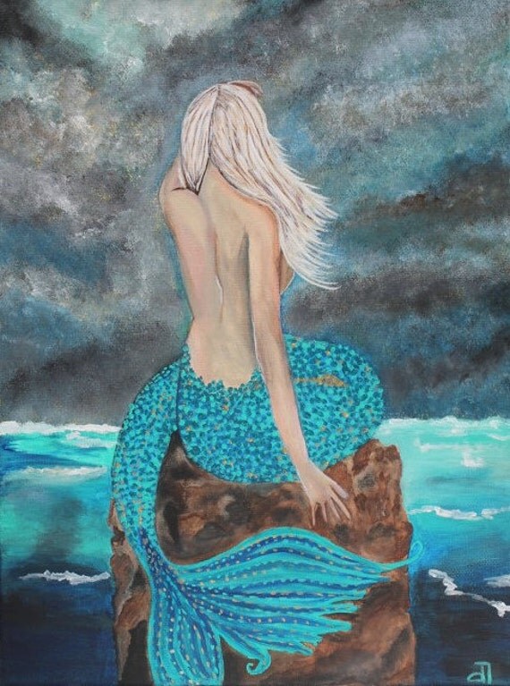 Giclee PRINT 11x14 Mermaid Lady Broken Portrait Acrylic Painting Seascape Figure Solitude Woman Ocean Sea Art Abstract Contemporary Mystical