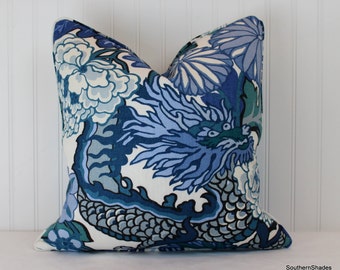 One or Both Sides - Chiang Mai Dragon China Blue by Schumacher Pillow Cover with Self Cording