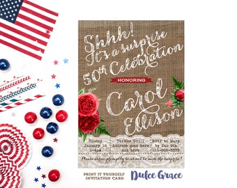 surprise 50th birthday invitations, red roses birthday invitations, lady birthday party, printable file, 60th 70th 80th 90th birthday invite