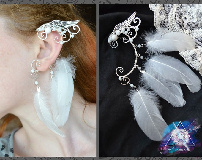 Ear cuff "Angel", wire earcuff, angel accessories, white feathers, gift for woman, summer jewelry, fairy earcuff