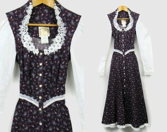 70s Gunne Sax Dress, Vintage Prairie Dress, Size XS, Size Extra Small, Purple Calico, Floral Print, Lace Accents, Puffed Sleeves, Midi Dress