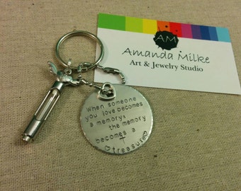 Keychain Memorial Time Capsule with wings and butterfly heart for ashes or lock of hair tube with hand stamped tag treasured memories