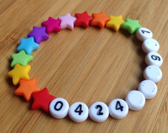 Phone Number ID Bracelet - emergency - find me fast - Rainbow Stars